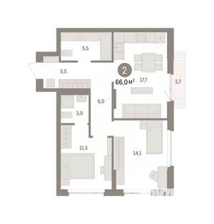 2-к квартира, вторичка, 66м2, 5/16 этаж