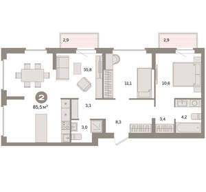 2-к квартира, вторичка, 86м2, 7/9 этаж