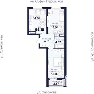 2-к квартира, вторичка, 56м2, 14/17 этаж