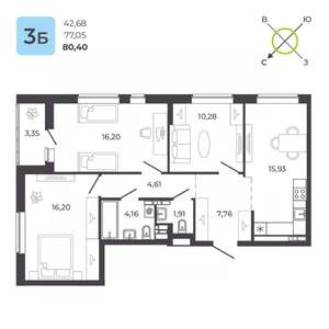 3-к квартира, строящийся дом, 80м2, 4/23 этаж