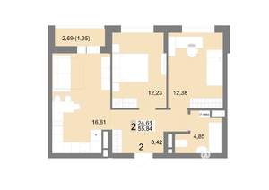 2-к квартира, строящийся дом, 56м2, 2/22 этаж