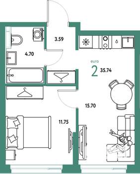 2-к квартира, строящийся дом, 36м2, 9/24 этаж