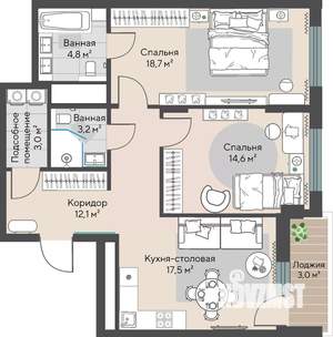 2-к квартира, строящийся дом, 76м2, 3/22 этаж