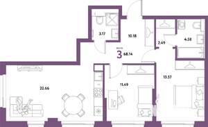 3-к квартира, строящийся дом, 68м2, 22/31 этаж