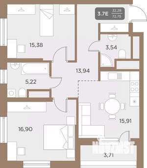 3-к квартира, вторичка, 73м2, 15/24 этаж