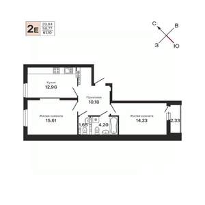 2-к квартира, вторичка, 61м2, 23/25 этаж