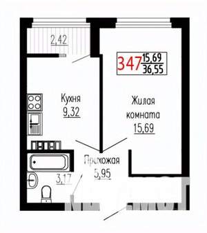 1-к квартира, строящийся дом, 37м2, 26/27 этаж