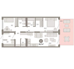 2-к квартира, вторичка, 96м2, 1/9 этаж