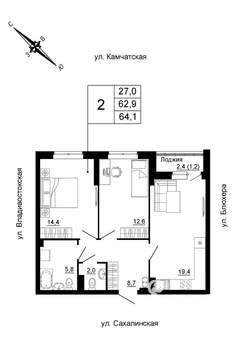 2-к квартира, строящийся дом, 64м2, 3/24 этаж