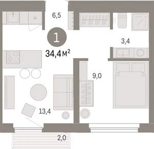 1-к квартира, вторичка, 34м2, 4/9 этаж