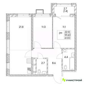 2-к квартира, вторичка, 61м2, 21/31 этаж