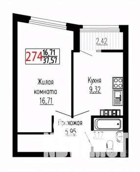 1-к квартира, строящийся дом, 38м2, 21/27 этаж