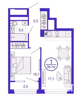 1-к квартира, строящийся дом, 37м2, 10/28 этаж