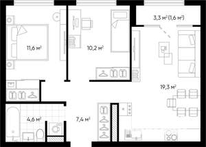 2-к квартира, строящийся дом, 54м2, 20/24 этаж