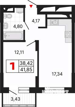 1-к квартира, вторичка, 42м2, 3/25 этаж