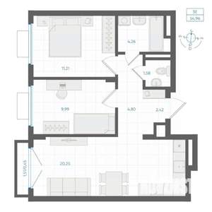 2-к квартира, строящийся дом, 55м2, 4/4 этаж