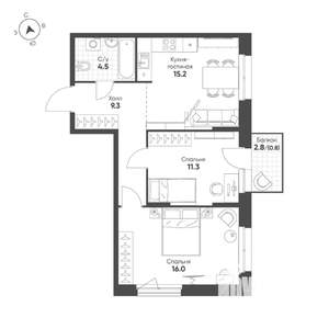 2-к квартира, строящийся дом, 57м2, 8/16 этаж