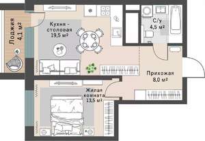 1-к квартира, строящийся дом, 48м2, 24/29 этаж