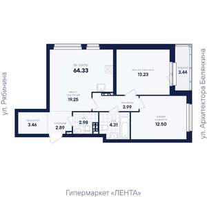 2-к квартира, вторичка, 64м2, 3/26 этаж