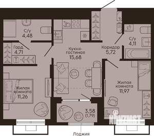 2-к квартира, вторичка, 60м2, 3/18 этаж