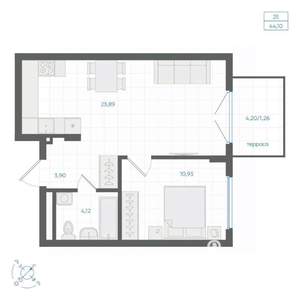 1-к квартира, строящийся дом, 44м2, 1/4 этаж