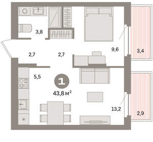1-к квартира, вторичка, 44м2, 5/16 этаж