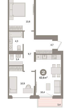2-к квартира, вторичка, 63м2, 5/16 этаж