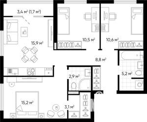 3-к квартира, строящийся дом, 74м2, 7/24 этаж
