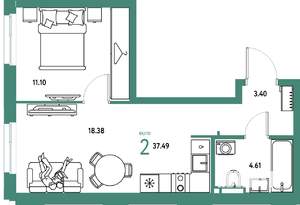 2-к квартира, вторичка, 37м2, 10/24 этаж