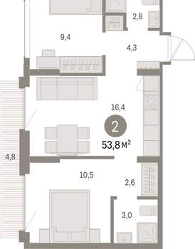 2-к квартира, вторичка, 54м2, 6/9 этаж