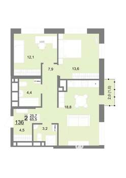 2-к квартира, вторичка, 66м2, 21/23 этаж
