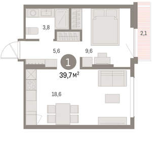 1-к квартира, вторичка, 40м2, 3/9 этаж