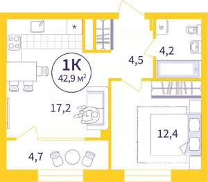 1-к квартира, сданный дом, 41м2, 3/8 этаж