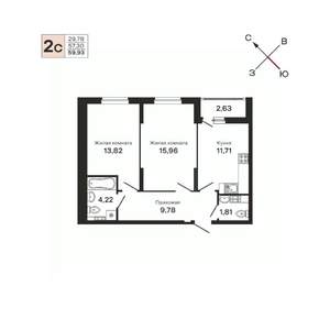 2-к квартира, строящийся дом, 60м2, 3/25 этаж