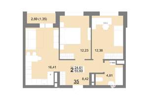 2-к квартира, строящийся дом, 56м2, 5/22 этаж
