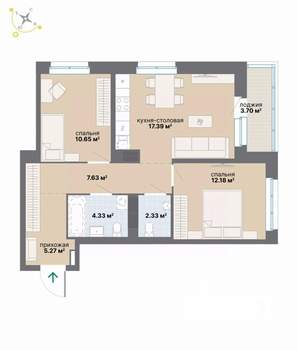 2-к квартира, вторичка, 63м2, 7/9 этаж