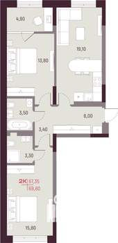 2-к квартира, вторичка, 67м2, 3/25 этаж