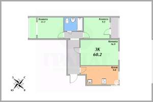 3-к квартира, вторичка, 61м2, 8/9 этаж