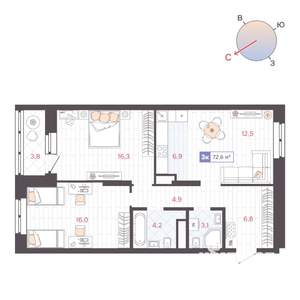 2-к квартира, строящийся дом, 73м2, 13/25 этаж