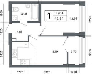 1-к квартира, вторичка, 42м2, 9/24 этаж