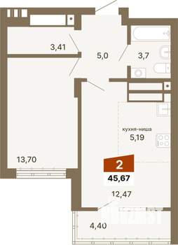 1-к квартира, строящийся дом, 46м2, 21/23 этаж