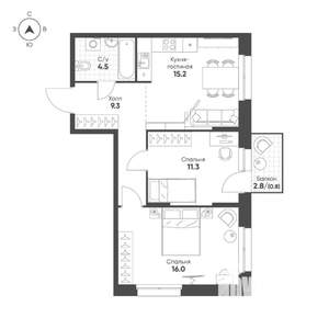 2-к квартира, строящийся дом, 57м2, 10/16 этаж