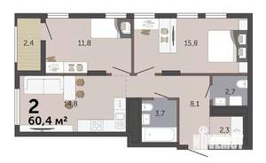 2-к квартира, строящийся дом, 60м2, 9/19 этаж