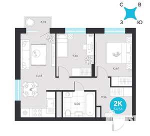 2-к квартира, строящийся дом, 55м2, 4/23 этаж