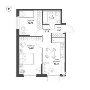 2-к квартира, строящийся дом, 52м2, 13/25 этаж