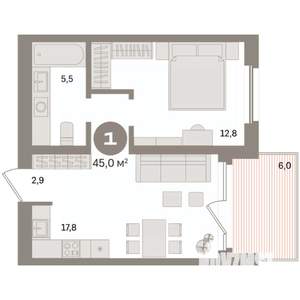 1-к квартира, вторичка, 45м2, 9/24 этаж