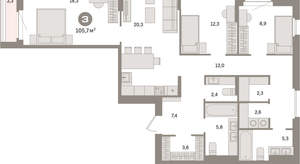 3-к квартира, вторичка, 106м2, 14/16 этаж