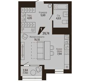 1-к квартира, вторичка, 40м2, 23/23 этаж