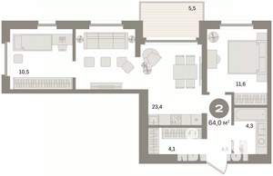 2-к квартира, вторичка, 64м2, 13/24 этаж
