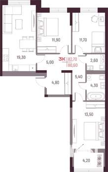 3-к квартира, вторичка, 81м2, 12/25 этаж